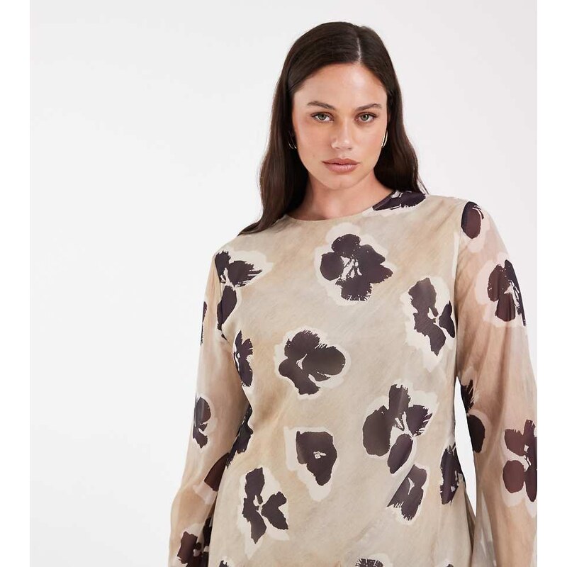 ASOS Curve ASOS DESIGN Curve long sleeve mini dress in brown
