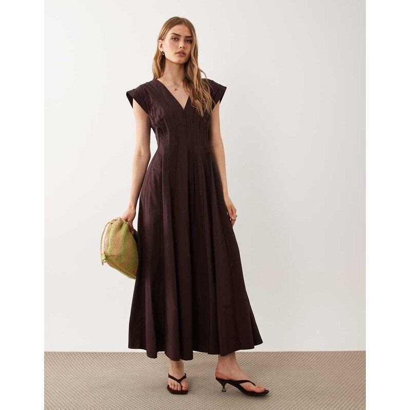 ASOS DESIGN v neck midi dress with sculpting panels in chocolate
