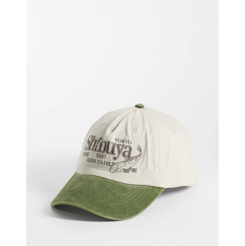 ASOS DESIGN printed graphic contrast peak cap in washed green