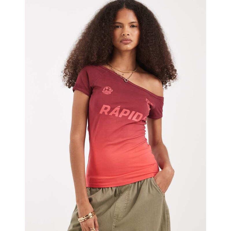 ASOS DESIGN Off the shoulder Bardot tee with football graphic in
