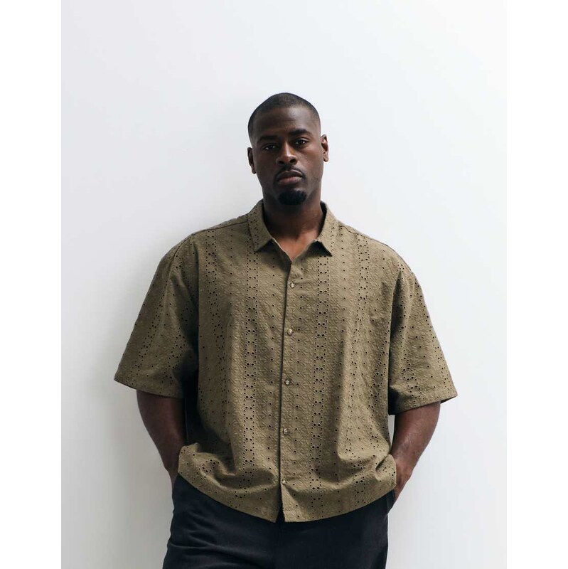 ASOS DESIGN boxy oversized broderie shirt in khaki-Green