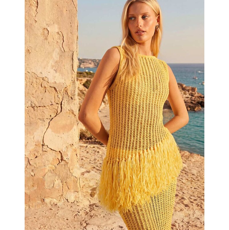 ASOS DESIGN fringe hem open stitch aysmmetric tank in yellow