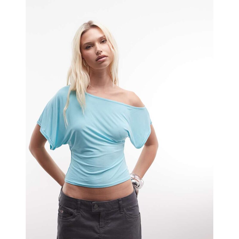 Daisy Street off shoulder slinky top in teal blue co-ord