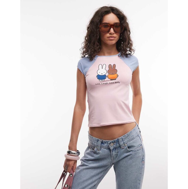 Daisy Street x Miffy live laugh love raglan t-shirt in pink and