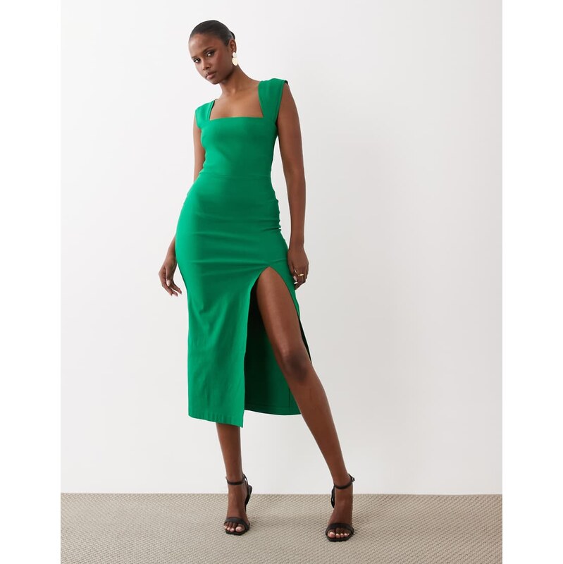 Vesper bengaline square neck thigh split midi dress in emerald