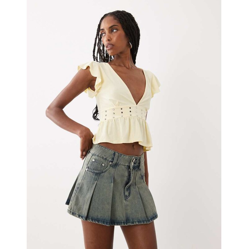 Motel Leisma studded frill plunge top in lemon-Yellow