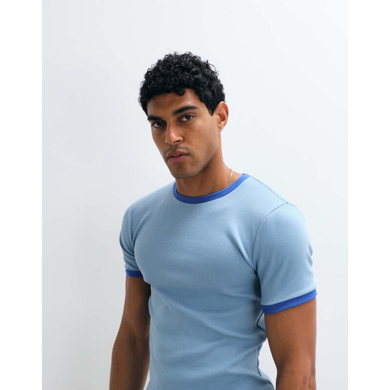 ASOS DESIGN muscle fit t-shirt with ringer detailing in blue rib