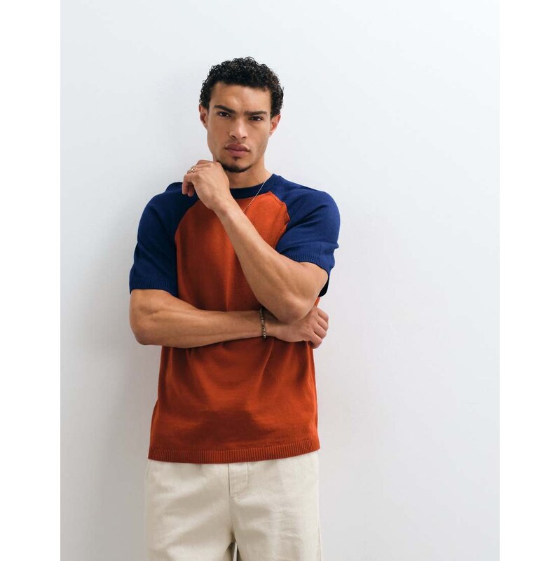 ASOS DESIGN relaxed knitted t-shirt in red and navy