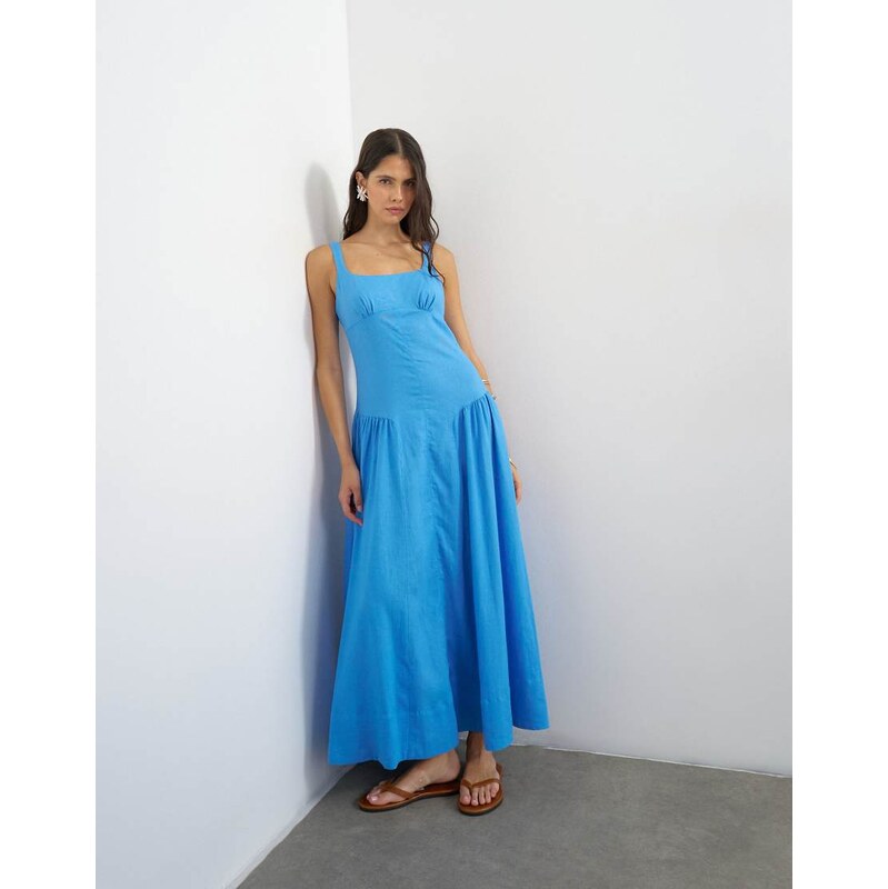 Topshop linen rich dropped waist maxi sundress in cornflower