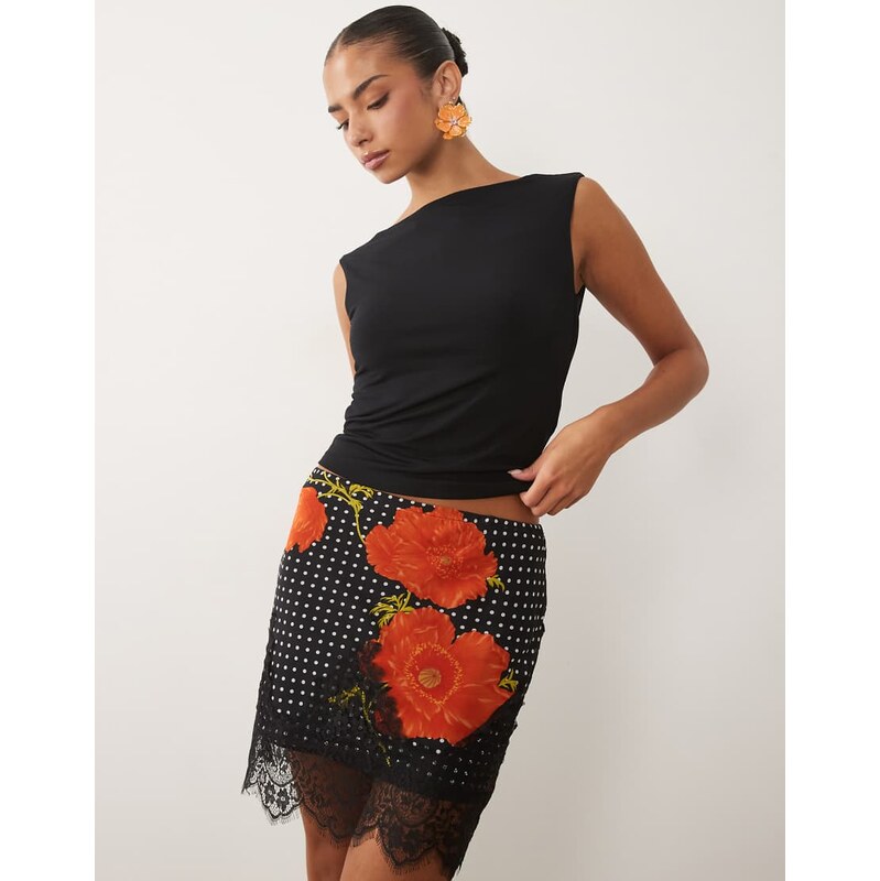 Never Fully Dressed Maeva satin mini skirt with lace trim hem in