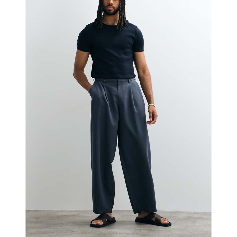 ASOS DESIGN smart pleated wide barrel leg trousers in blue