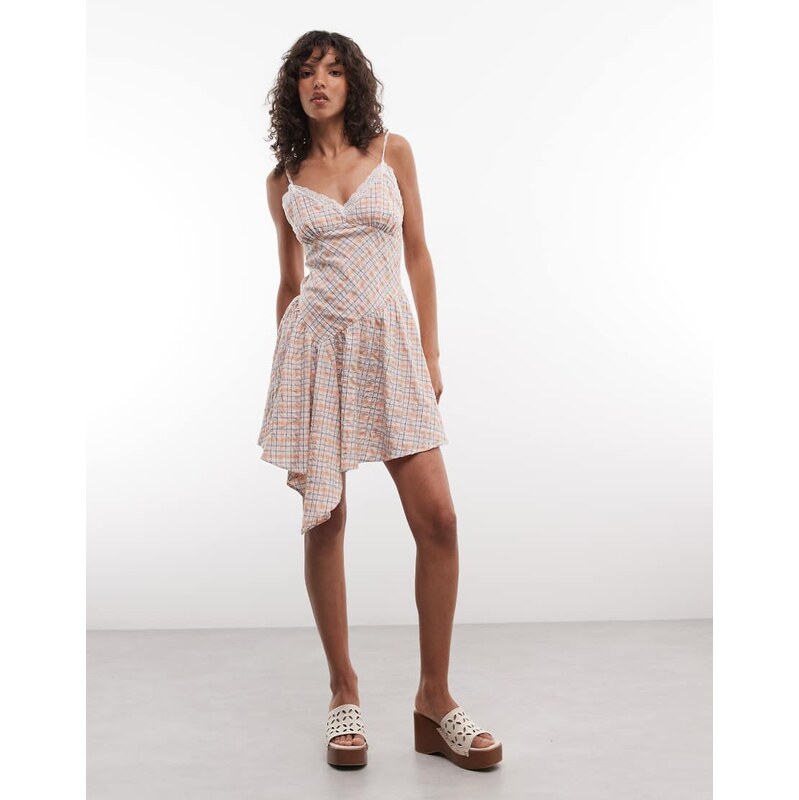 Reclaimed Vintage cami mini sundress with asym hem in gingham