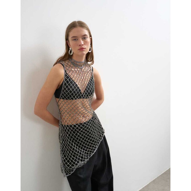 Topshop premium hand embellished tunic top in gun metal silver