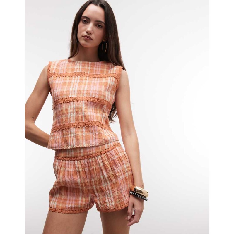 Reclaimed Vintage cropped top with lace trim in orange and pink