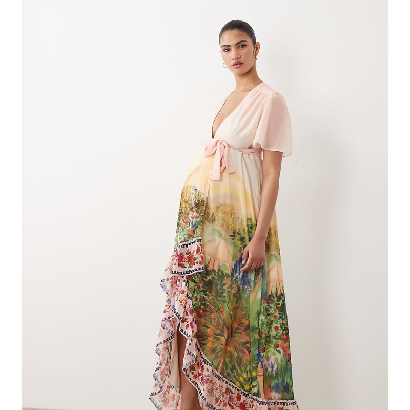 Hope & Ivy Maternity flutter sleeve wrap maxi dress in pink