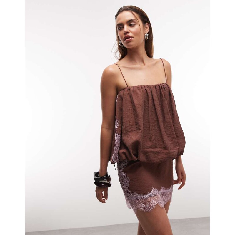 ASOS DESIGN lace applique bubble hem mini dress in chocolate