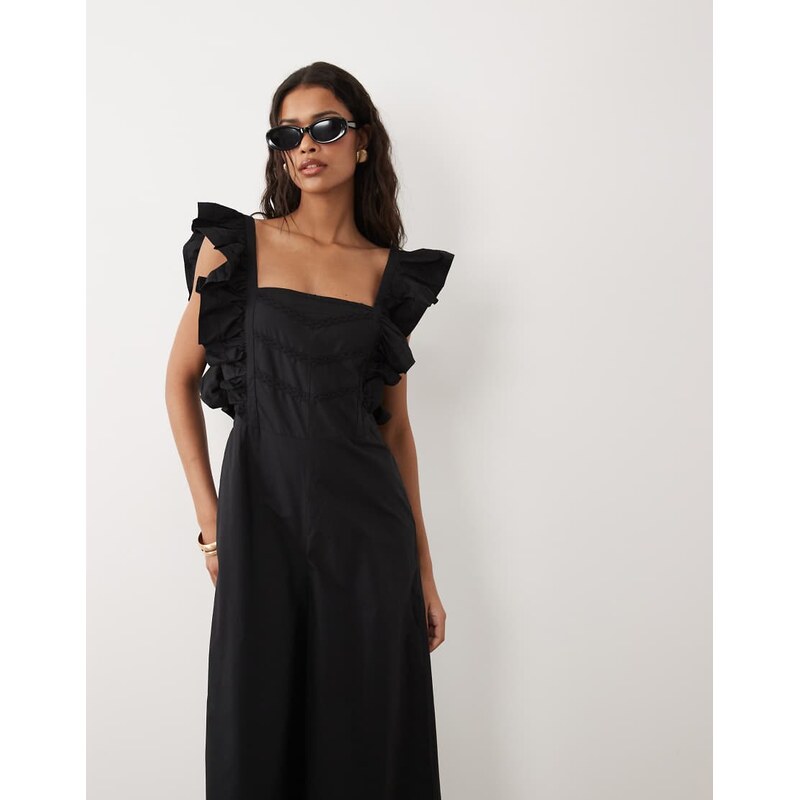 ASOS DESIGN pinny jumpsuit with ruffles in black