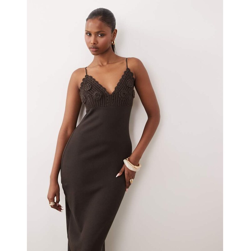 ASOS DESIGN crochet detail strappy midi dress in chocolate-White