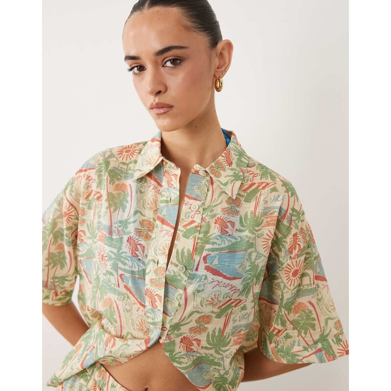 ASOS DESIGN beach co-ord revere collar shirt in scenic print