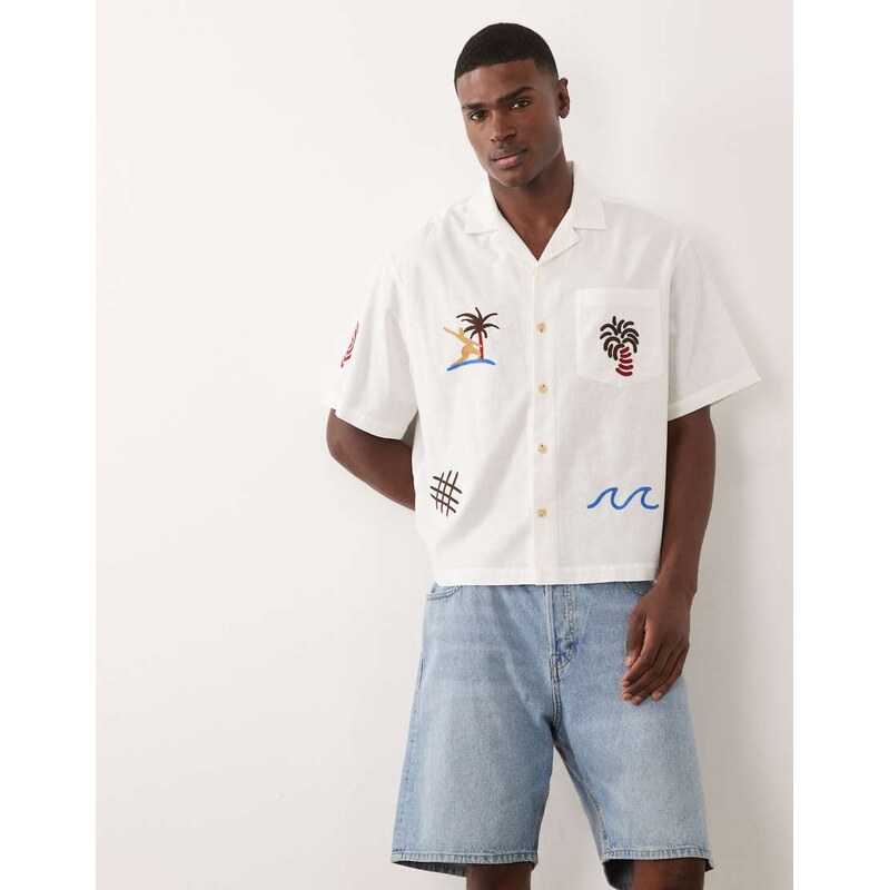 ASOS DESIGN oversized revere embroidered shirt with linen in