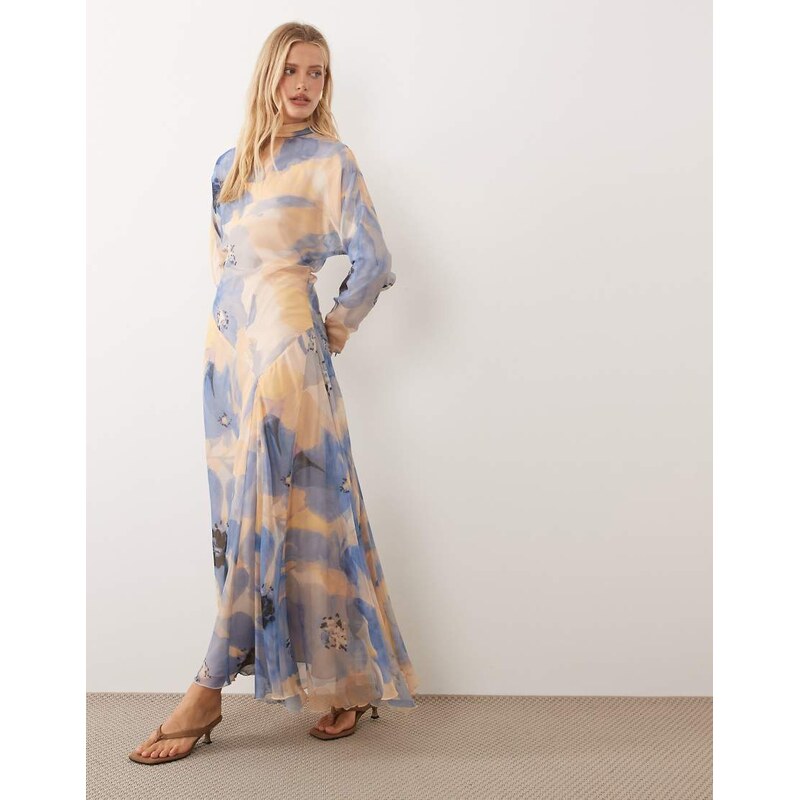 ASOS DESIGN high neck maxi dress with asymmetric waist in blue