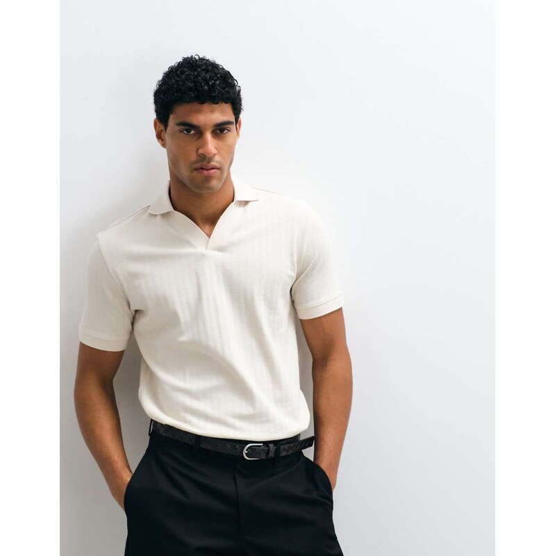 Selected ribbed split neck polo in cream-White