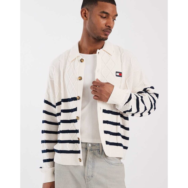 Tommy Jeans cable knit relaxed fit cardigan in cream/navy