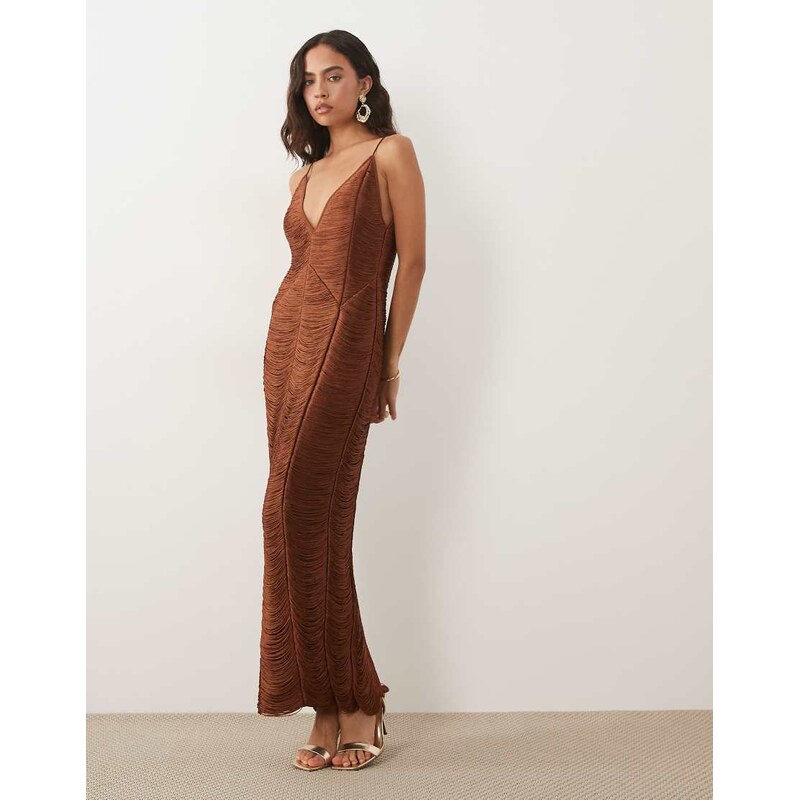 ASOS DESIGN panelled v neck cami fringe midi dress in brown