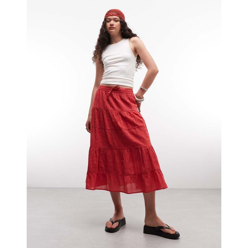 Daisy Street boho tiered broderie skirt in red