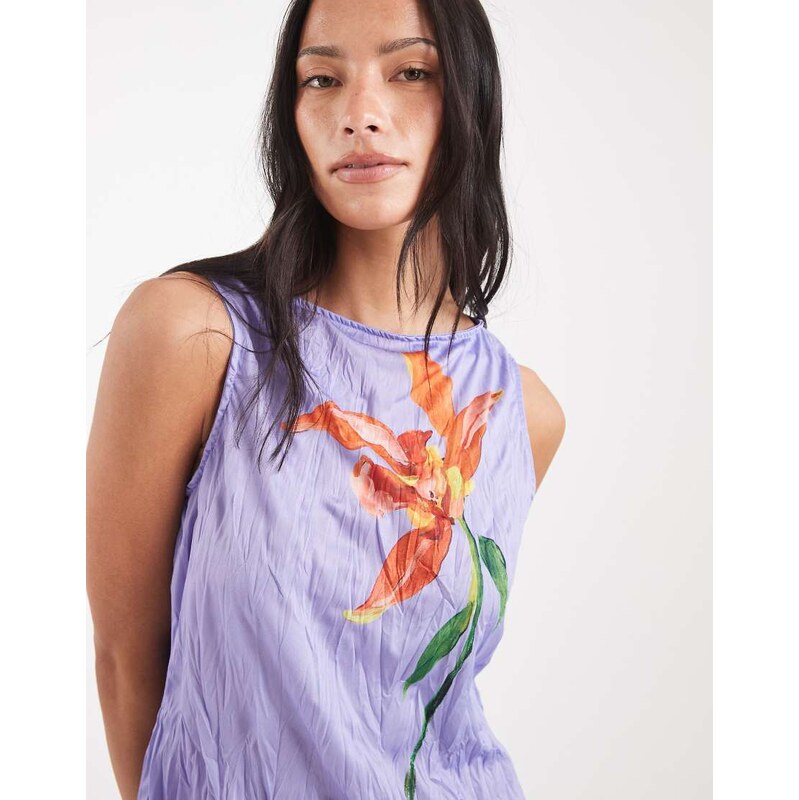 ASOS DESIGN crinkle tank with floral graphic in lilac-Purple