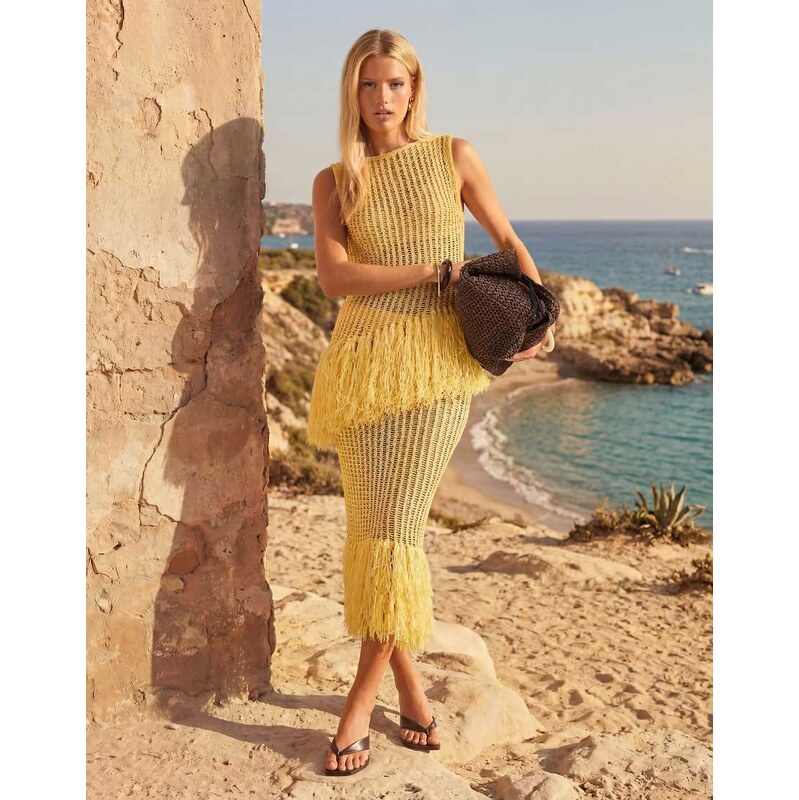 ASOS DESIGN fringe hem open stitch skirt co-ord in yellow
