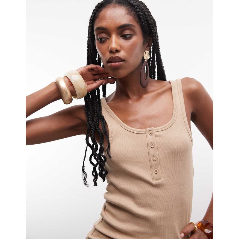 ASOS DESIGN ribbed scoop neck henley vest in biscuit-Neutral