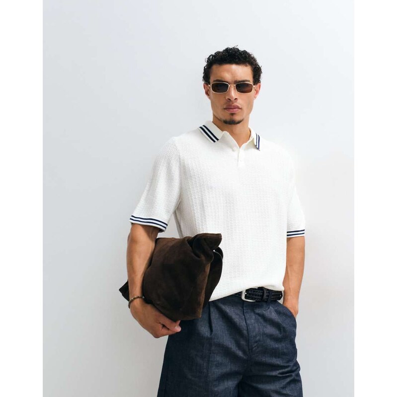 ASOS DESIGN oversized knitted polo with tipping in ecru-White