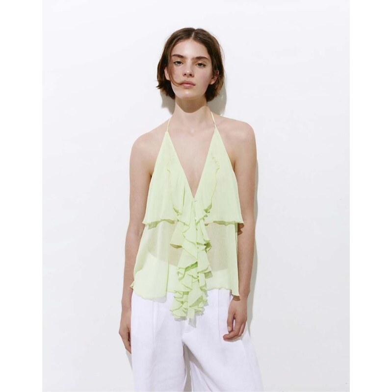 Pull&Bear Halter top with ruffles in apple green