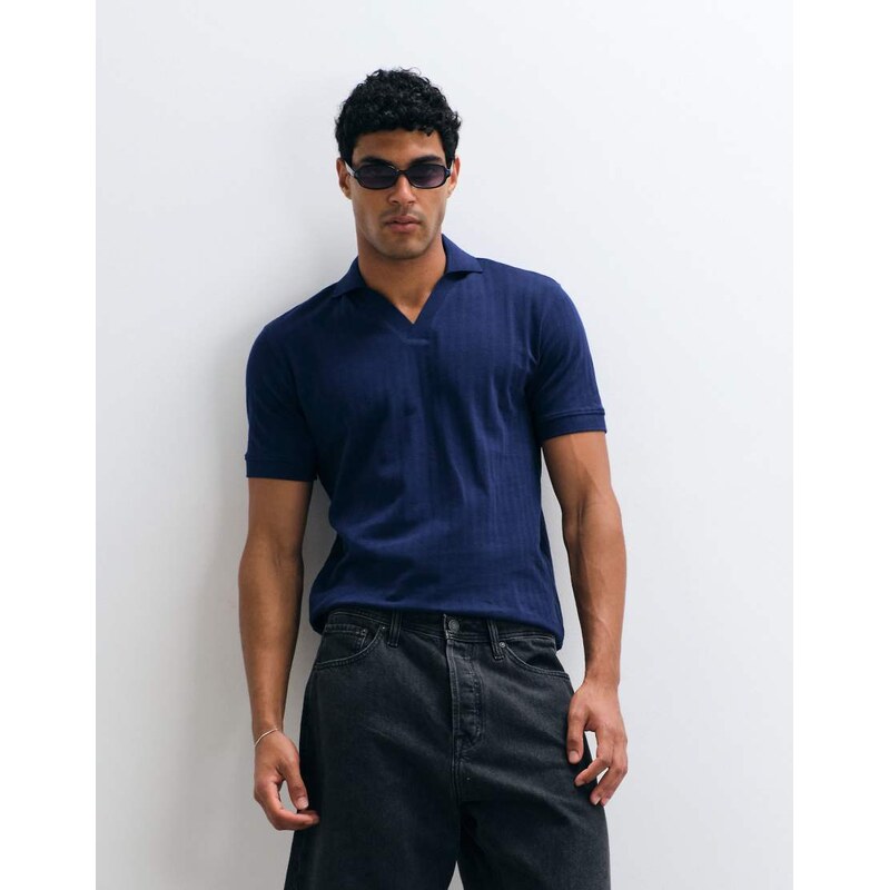 Selected ribbed split neck polo in dark blue