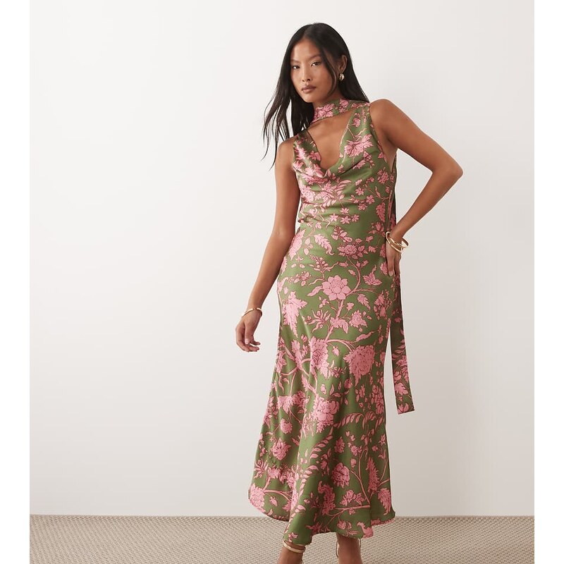 Hope & Ivy Petite satin cowl neck scarf midi dress in green