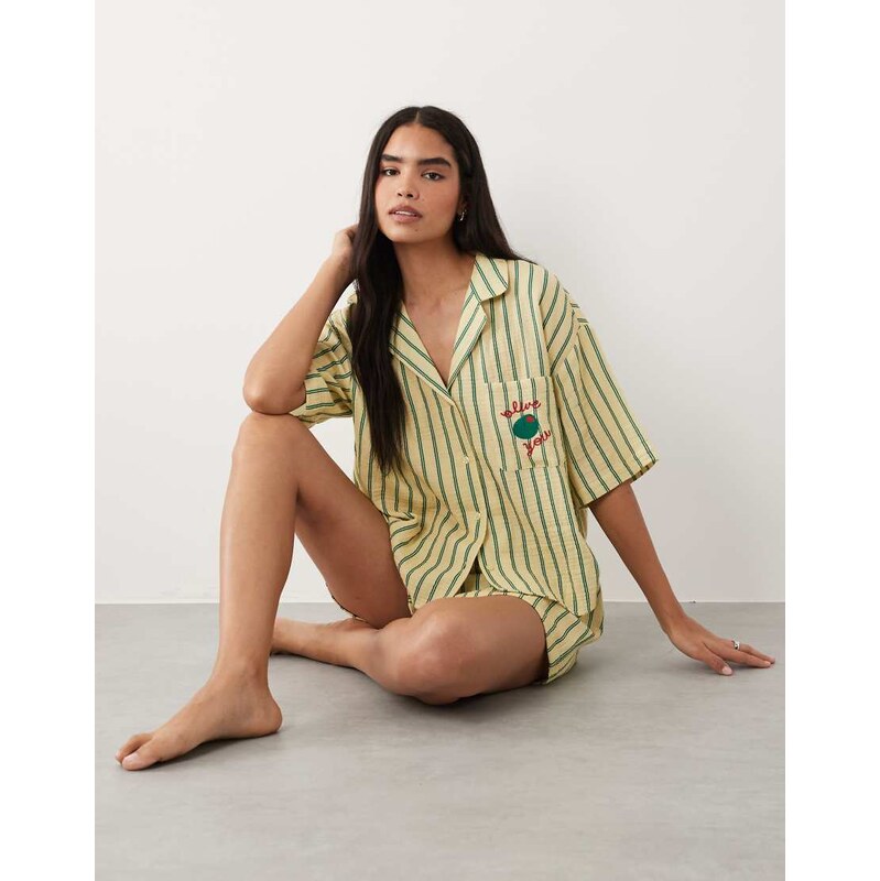 ASOS DESIGN woven cotton gauze long sleeve olive you stripe
