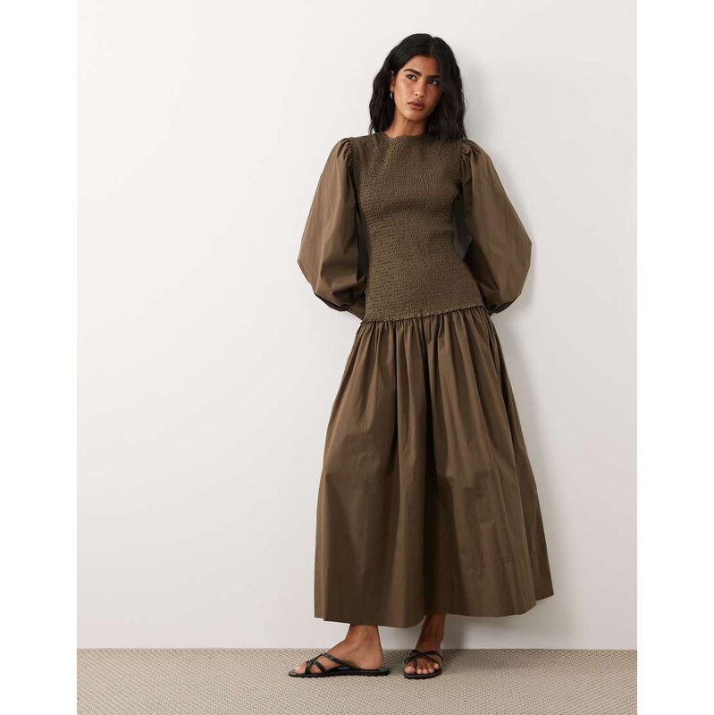 ASOS DESIGN shirred poplin maxi dress in brown