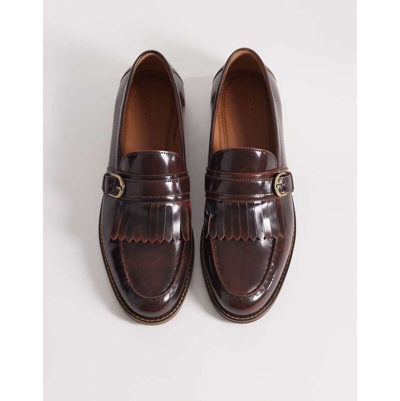 ASOS DESIGN loafers in brown leather with fringe and buckle
