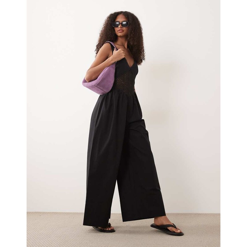 ASOS DESIGN jumpsuit with crochet waist panel with in black