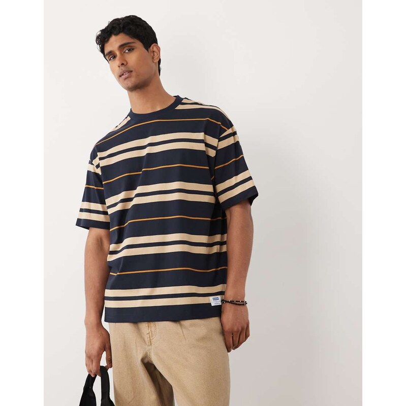 HUGO Blue Nivarsi loose fit stripe t-shirt in navy