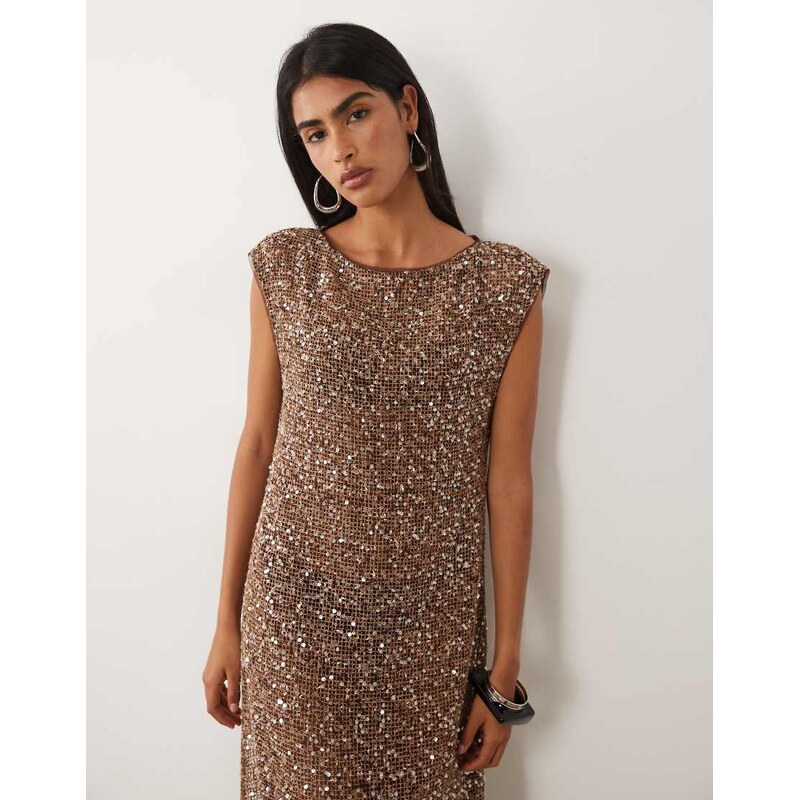 ASOS DESIGN sheer crochet sequin maxi dress in brown