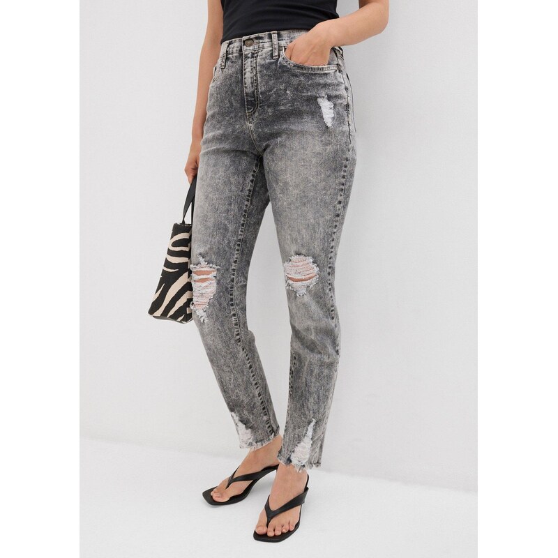 bonprix Džíny Mom s obnošenými efekty, High Waist šedá Žena