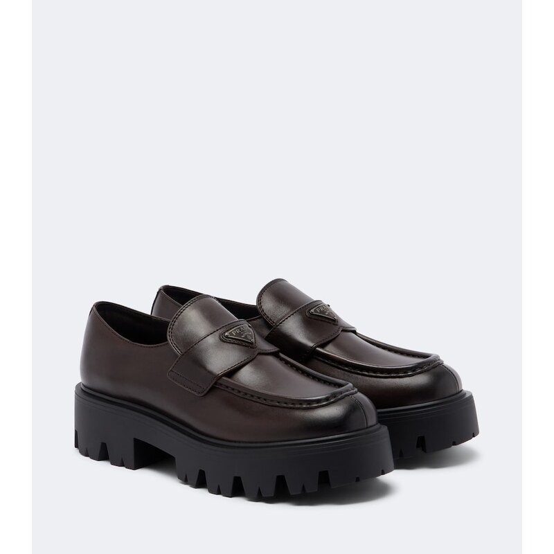 Prada Logo kůžové platformové loftry v barvě teak