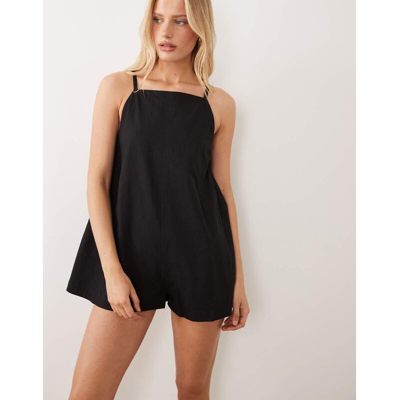ASOS DESIGN cotton linen pinny playsuit in black