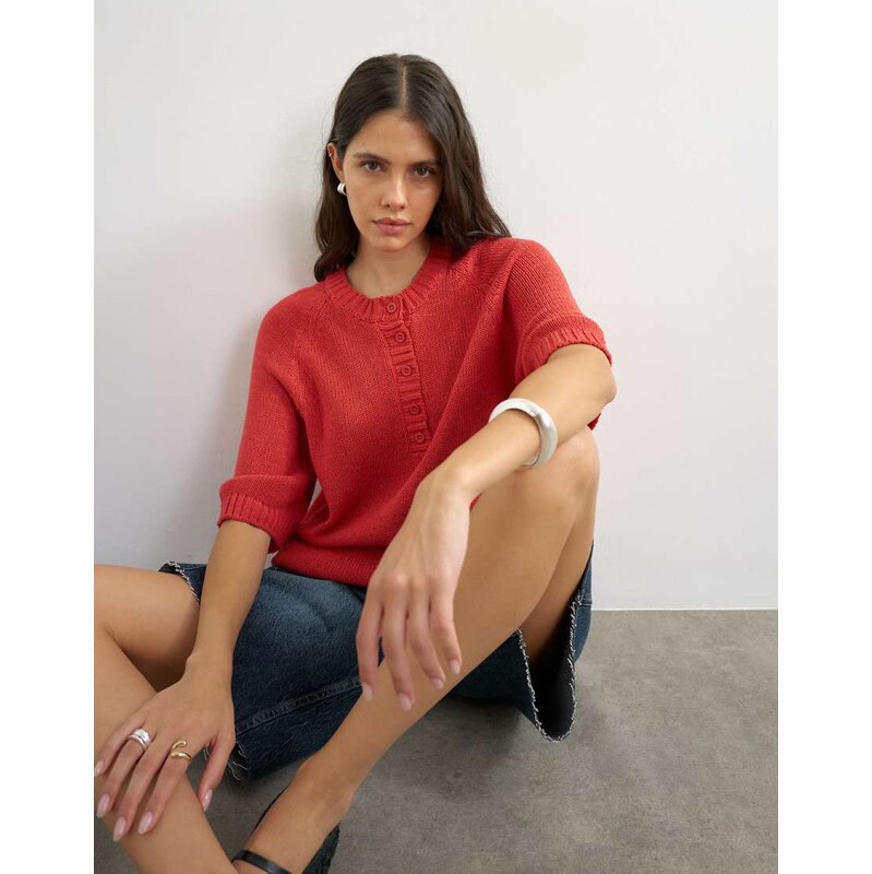 Topshop knitted henley t-shirt in red