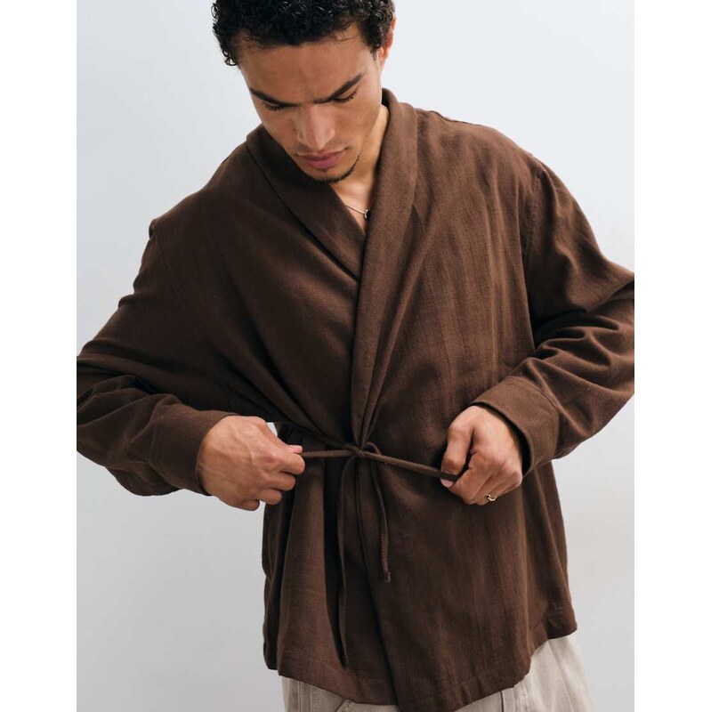 ASOS DESIGN oversized wrap tie shirt in linen look in brown