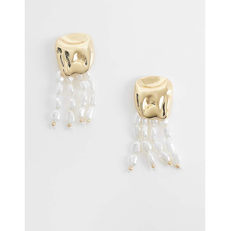 ASOS DESIGN faux pearl stud earrings with tassels in ivory-White