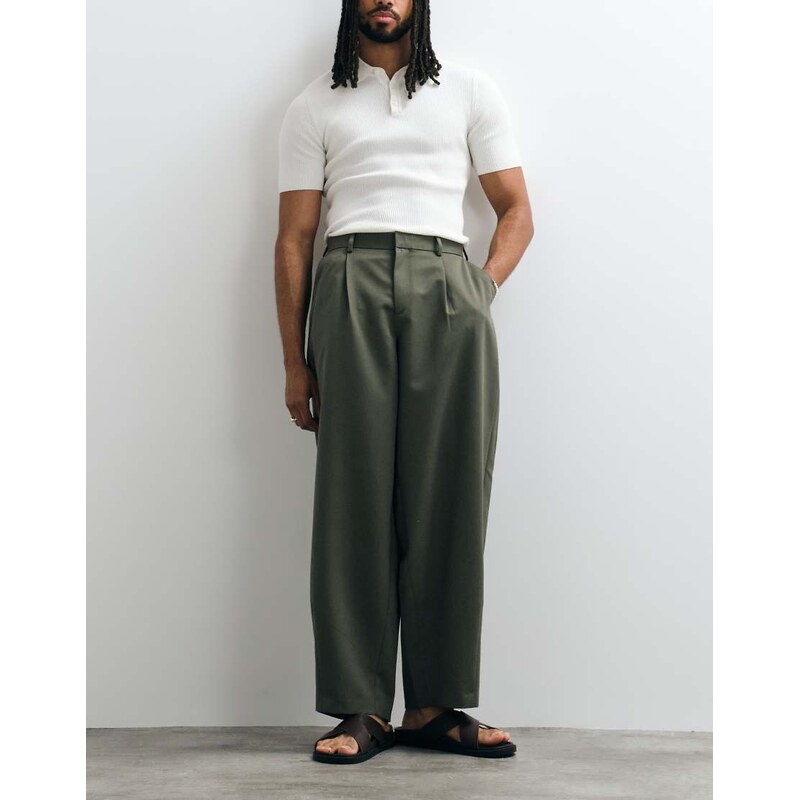 ASOS DESIGN smart pleated wide barrel leg trousers in olive