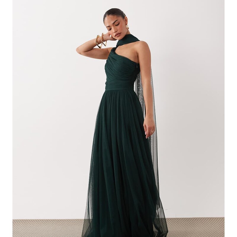 Lace & Beads Petite Bridesmaids one shoulder scarf neck maxi